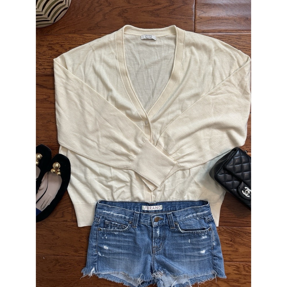 AYR Womens XL Cream Merino Wool Blend V-Neck Knit Cardigan Sweater AS IS Hole